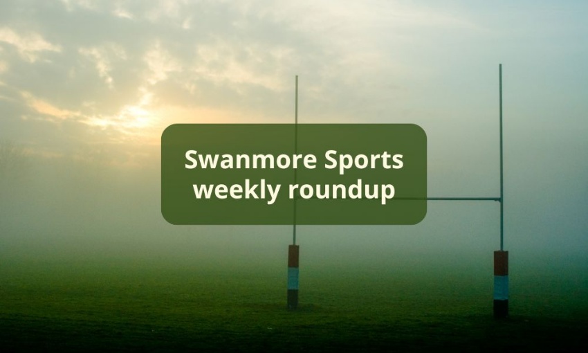 Image shows a rugby post on a sunny and misty morning, with the words Swanmore Sports weekly roundup